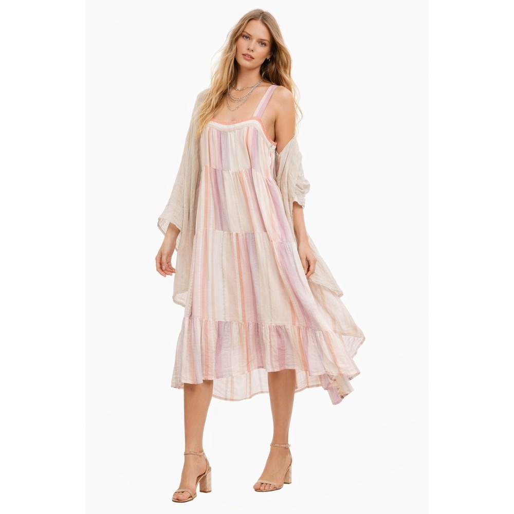 Rails Amaya Tiered Midi Dress Juliette‎ Stripe Pastel Rainbow Linen Blend Size L
